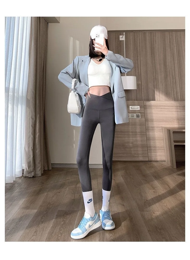 요가 팬츠 발목 길이 여성용 플리스 안감 여성용 쉐이핑 스쿼트 블루 기하학적 건강 스트레칭 보온 피부 학생 누드 인