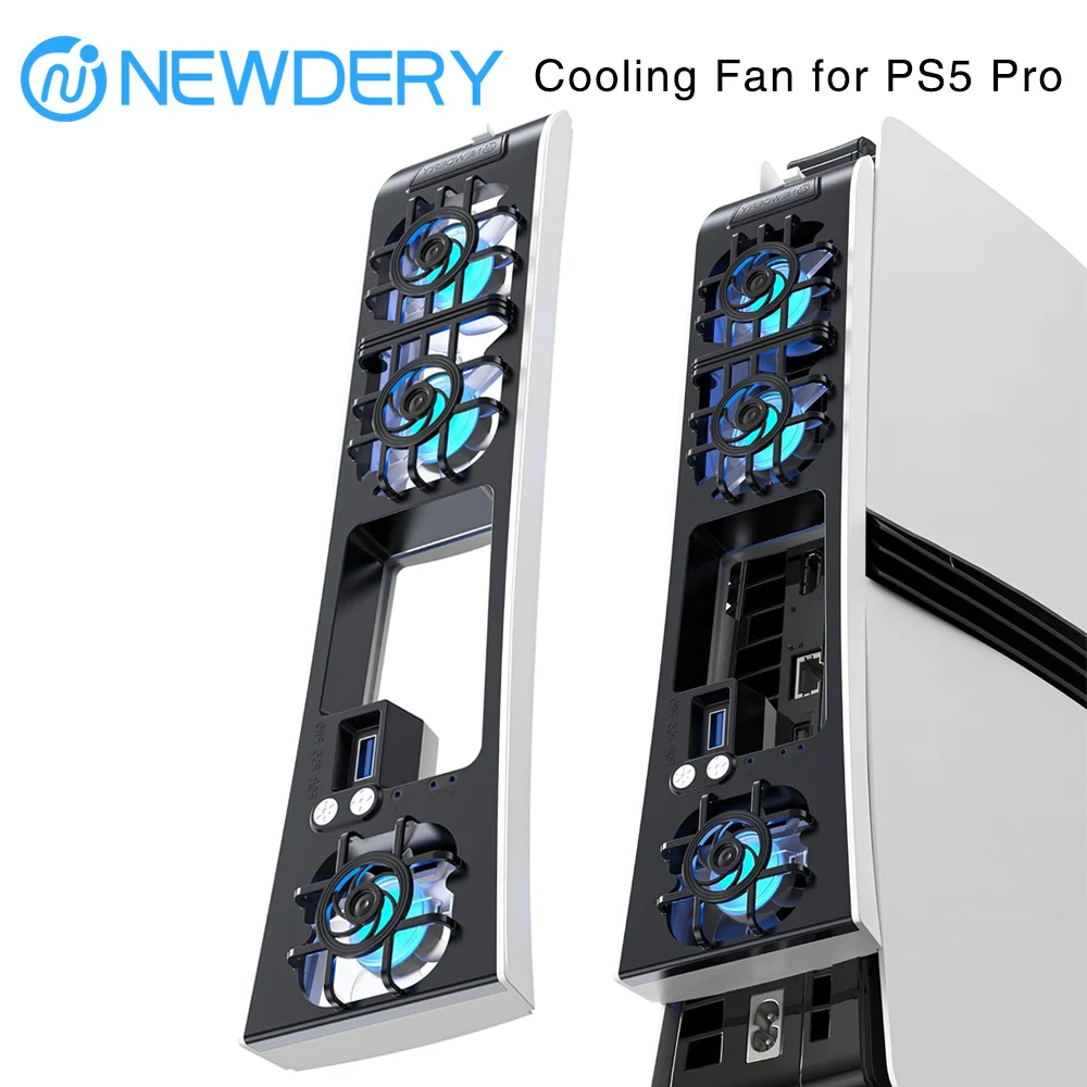 NEWDERY Kühlventilator für PS5 Pro, Verbesserte 9-Blatt-Lüfter & Größerer Ventilator Leiser Kühler mit Automatischer Geschwindigkeitsregelung, Zusätzlichem USB3.0-Anschluss & LED-Beleuchtung