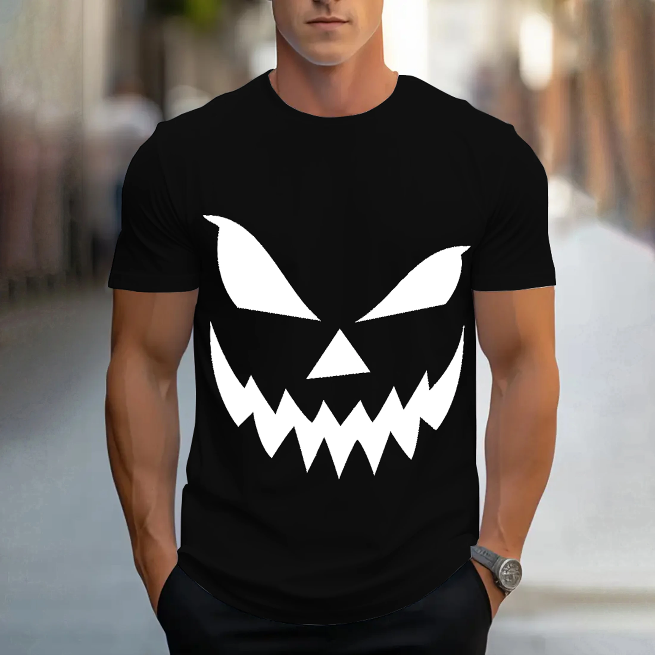 Halloween T-shirt Men's summer casual 3D ghost face T-shirt personalized men's short-sleeved round neck pullover men's clothing