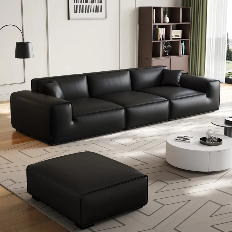 

！@Italian-Style Minimalist Genuine Leather Three-Person Straight Row Sofa Set Modern Light Luxury Small Living Rooms Sponge