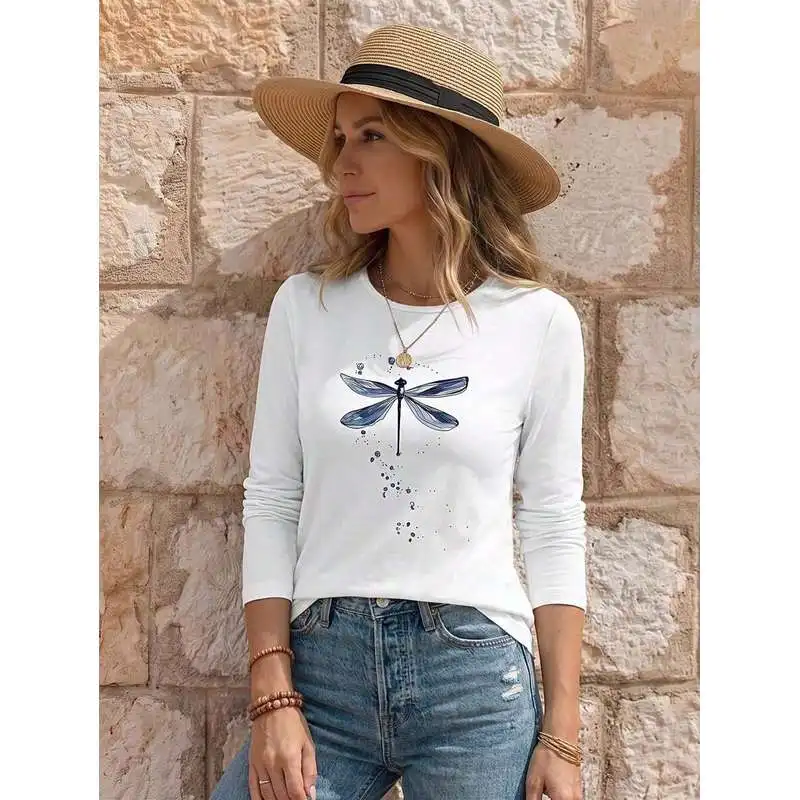 Blue Dragonfly Print Casual Pullover Crew Neck Women T-Shirt Fall Cloth For Women