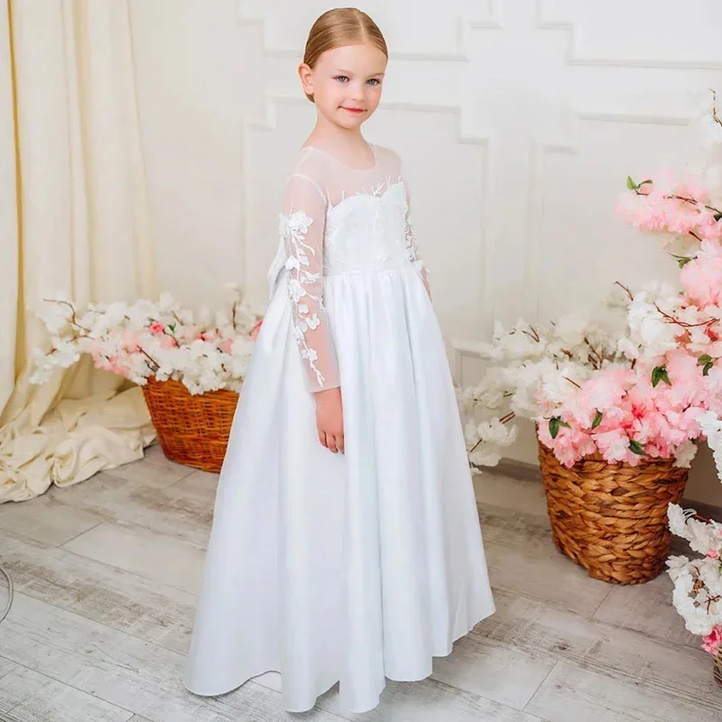 White Lace Flower Girl Dress For Wedding Long Sleeve Tulle Floor Lenght Kids Birthday Party First Communion Gown Custom