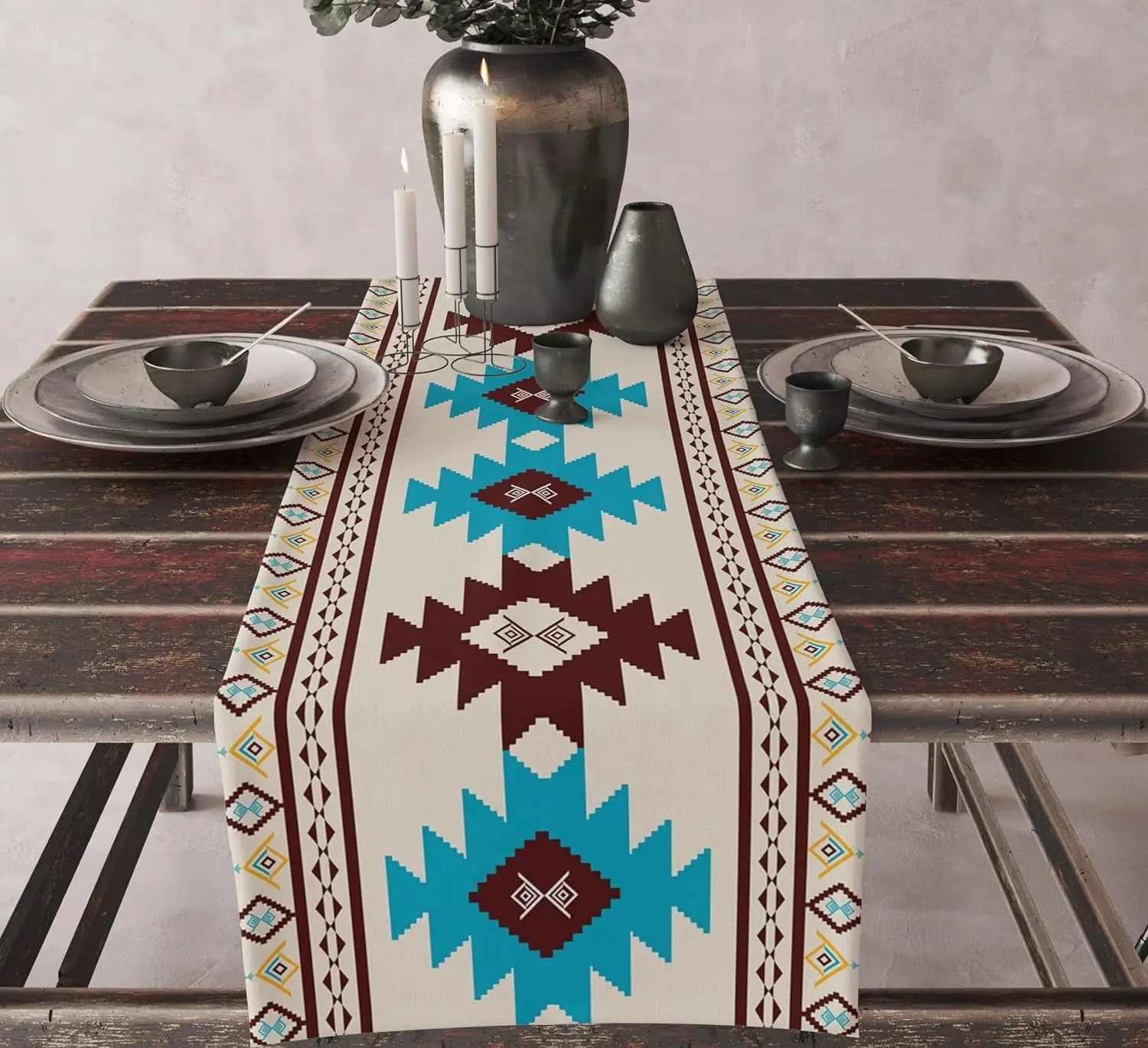 Aztec Ethnic Tribal Style Linen Table Runner Boho Print Abstract Geometric Texture Table Runner Kitchen Party Dining Table Decor