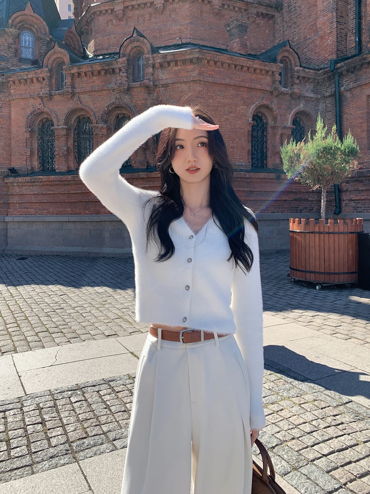 

Mulvan Soft White V-Ne Knitted Open Cardigan Women's Autumn Winter Loose Lazy Versatile ort Sweater Jaet Nylon Fabric