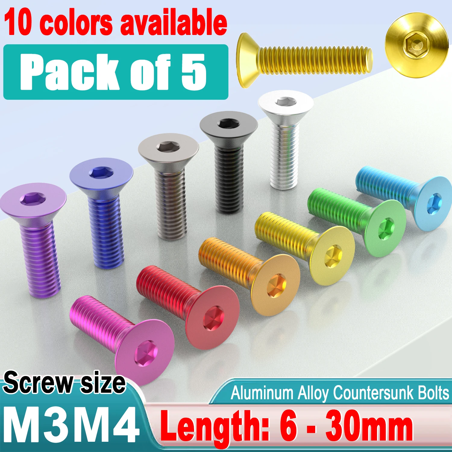 M3 M4 X6/8/10/12/14/16/18/20/25/30mm Aluminum Alloy Flat Head Socket Cap Screw Anodized Countersunk Head Allen Bolts Hex Drive
