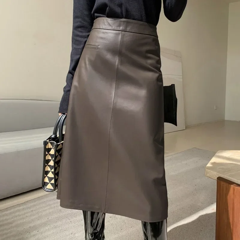 Lady Real Leather Long Skirt Genuine Sheepskin Leather A-Line Skirts Female Streetwear Autumn