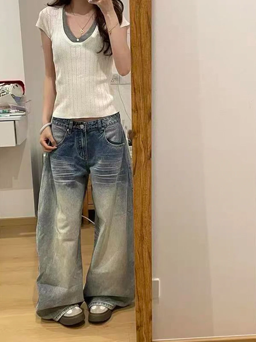 

Low Waist Wide Leg Jeans Women's Spring Summer Slimming Straight Cut Trousers Bootcut Denim Pants American Retro Style plus Size