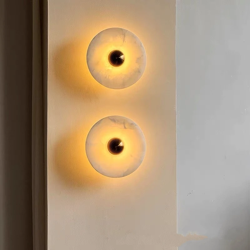 

Nordic Luxury Circular LED Wall Lamps Natural Marble Brass Wall Light Living Room Corridor Bedroom Atmosphere Decorative Light