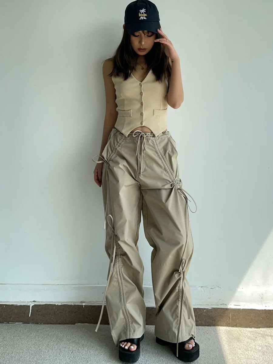 

2024 Summer Women's High Street Drawstring Design Sense Spicy Girl Straight Pants High Waist Loose Slim Pocket Cargo Pants C987