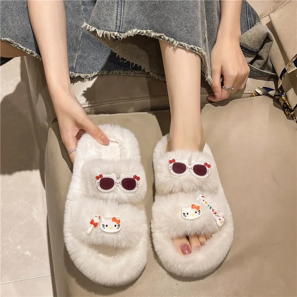 

Cute Hello Kitty Winter Plush Cotton Slippers Women Warm Home Shoes Indoor Kt Anti-Slip Household Thick-Soled Girls Slippers