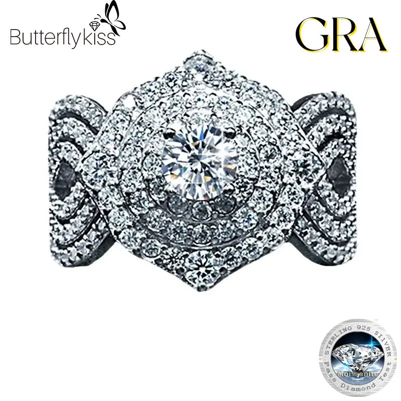 

Butterflykiss Fashion S925 Sterling Silver Classic Full Moissanite Trendy Design Flower Ring Women Charms Wedding Party Jewelry