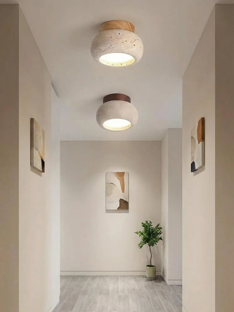Prosta żółta lampa sufitowa z kamienia jaskiniowego do przedpokoleń, korytarzy, sypialni, nowoczesna minimalistyczna oprawa oświetleniowa LED z trawertynu do wnętrz. — 2
