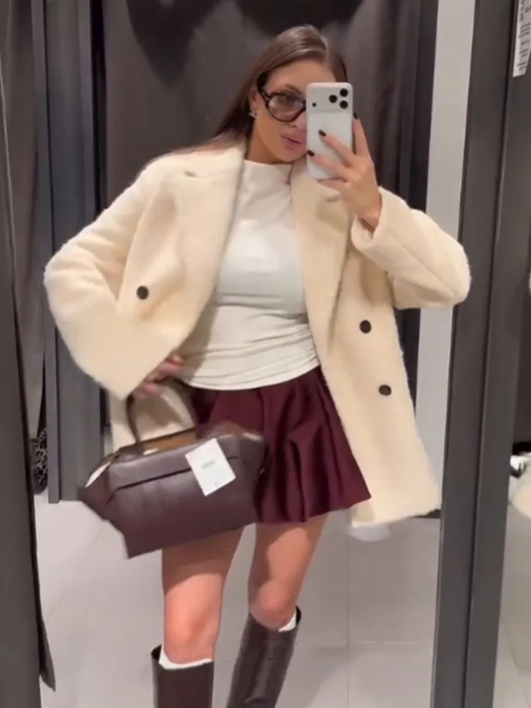 HH Woman Winter Long Sleeves Lapel Double Breasted Pocket Decoration Pearl Velvet Overcoat Female Casual Loose Street Style Coat