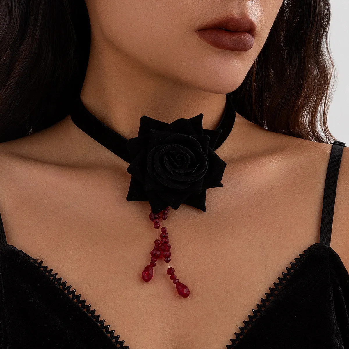 Choker Necklace Fabric Rose Gothic Blood Drop Tassel Pendant Adjustable Black Unique Party Jewelry Women Premium Sturdy Durable