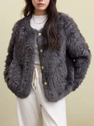 DUSHU Women Faux Fur Jacket Retro Brown Winter Thicken Round Neck Short Coats Office Lady Short Grey Temperament Coat 24DS84643