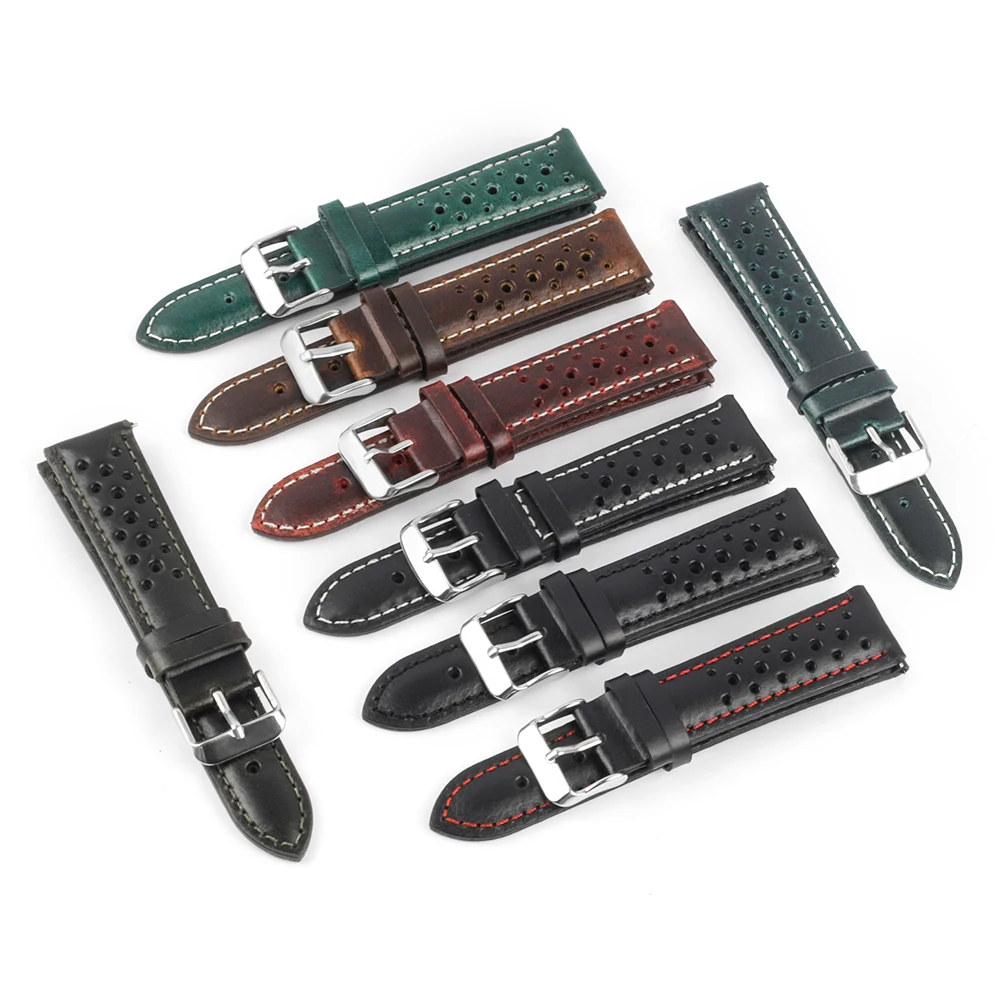 Vintage Oil Wax Genuine Leather Discoloration Watchband Black 18mm 19mm 20mm 21mm 22mm 24mm Quick Release Porous Watch Strap