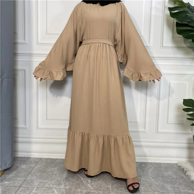 

Muslim Fashion Dubai Abaya Ruffled Edge Long Dresses Women with Sashes Islam Clothing Abaya Solid Dresses for Women Musulman