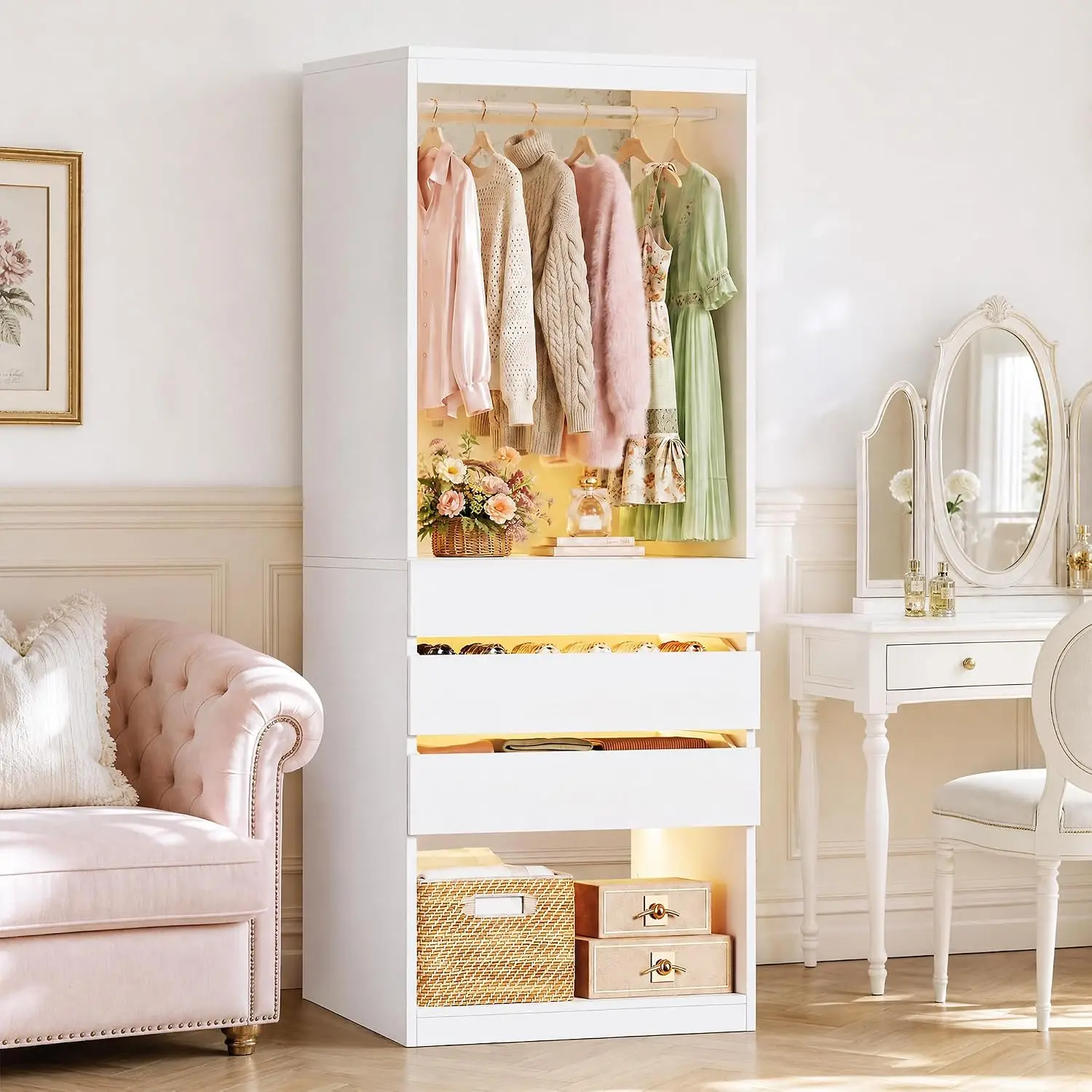 Closet Closet Organizer with 3 Drawers & Glasstop, Hanging Rod & LED Lights, Wardrobe for Small Space, 24"x16"x80", Customized - Aliexpress Deal