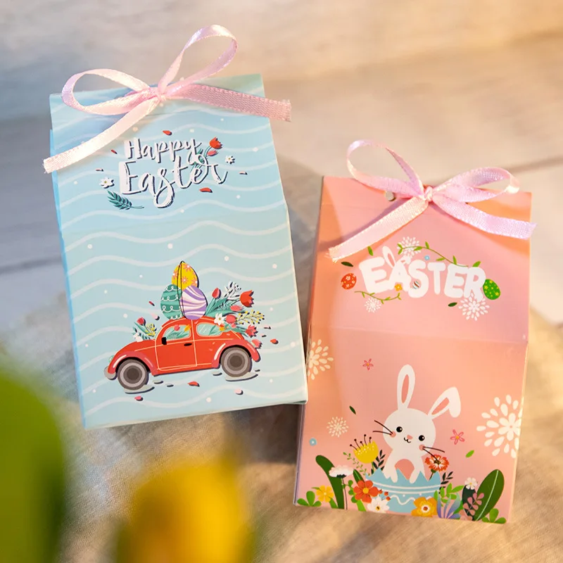 

12pcs Happy Easter Candy Box Cute Bunny Egg Gift Packing Paper Boxes With Ribbon Easter Party Decoration Biscuit Baking Supplies