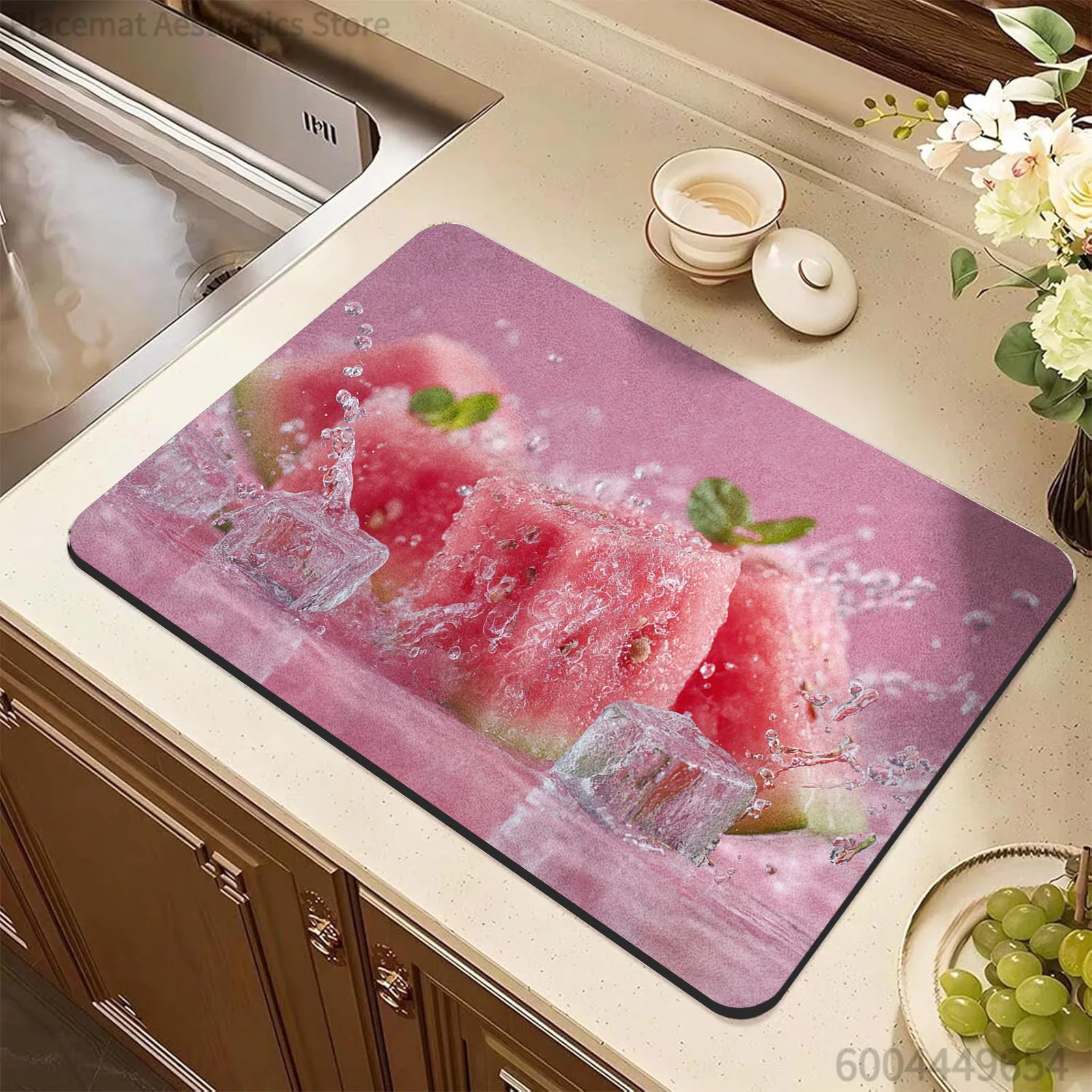 Absorbent Drying Mat, Easter Bunny Egg Watermelon Lime Fruit Print, Waterproof Non Slip Kitchen Counter Drain Decor Placemat