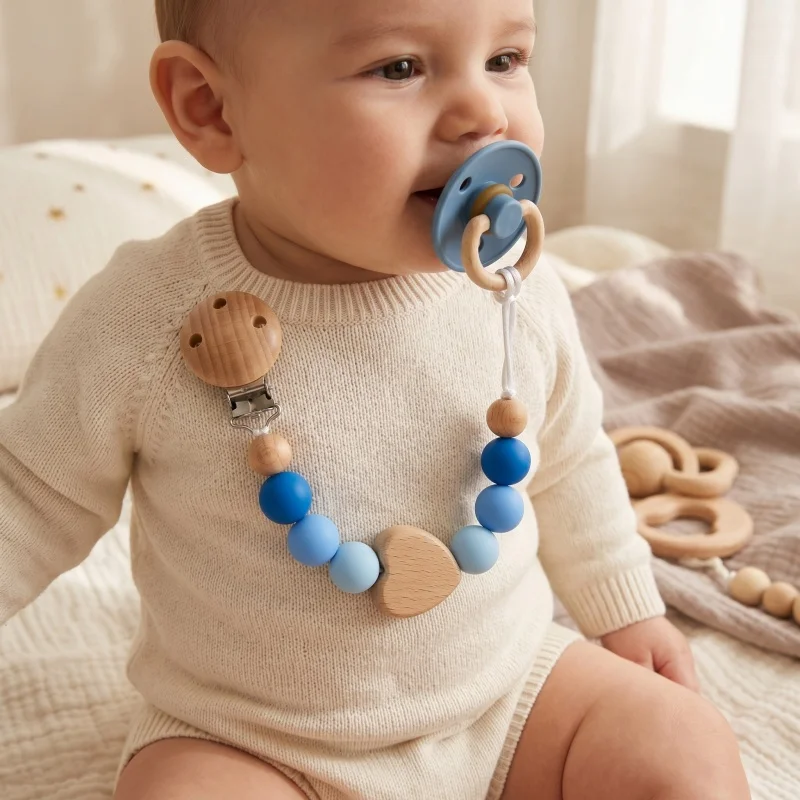 2026 Personalized Baby Pacifier Clip Silicone Beads Wooden Heart Teether Chain Custom Name Dummy Nipple Holder Baby Shower Gift