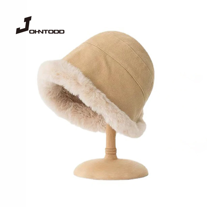 

Winter Plus Velvet Lamb Hair Female Bucket Hat Street Shooting Casual Wide Brim Warm Plush Pot Hat for Internet Celebrities