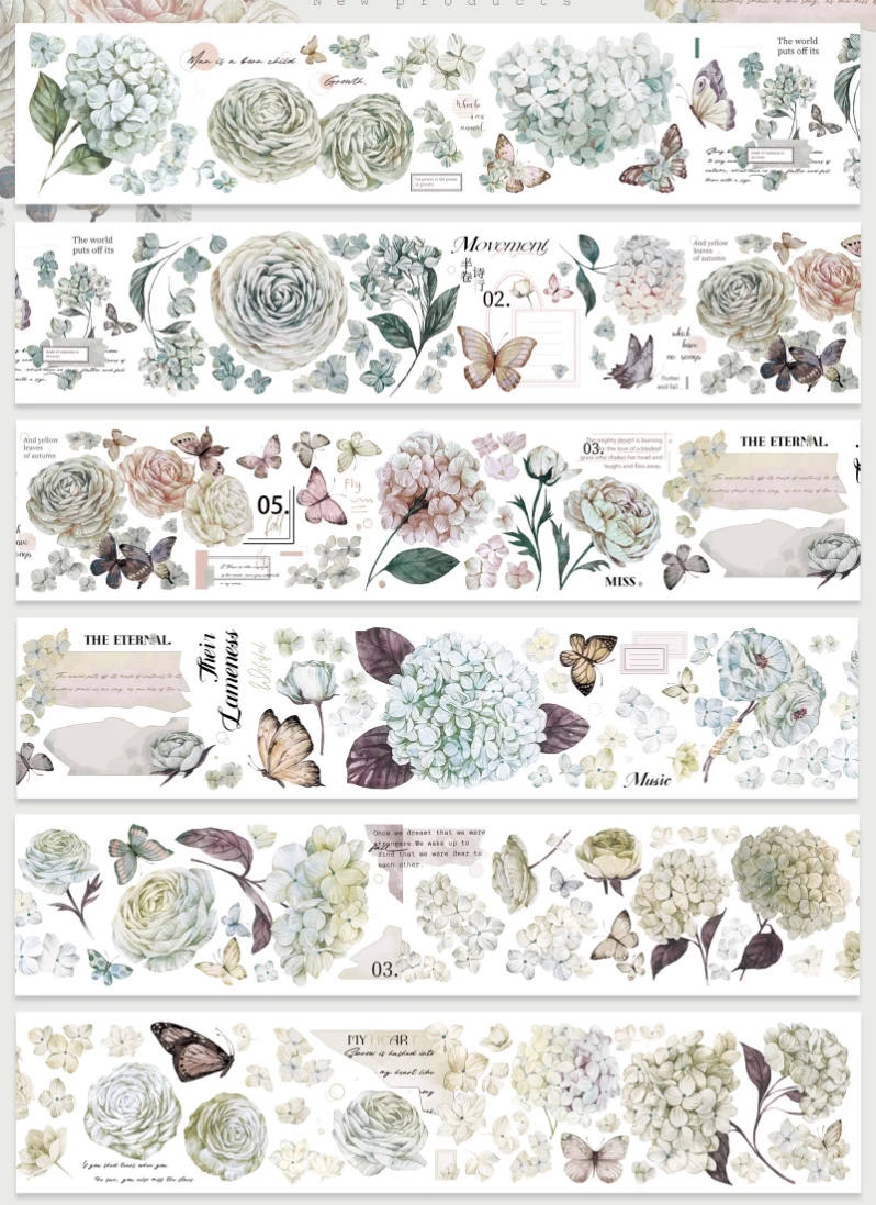 Botanical Hydrangea & Butterfly in Vintage Style Floral PET Washi Tape Card Ledger Collage