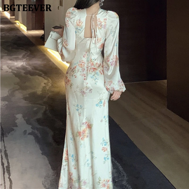 BGTEEVER Vintage Slim V-neck Female Package Hip Floral Dress Elegant Puff Sleeve Women Skinny Bodycon Mermaid Printed Dress