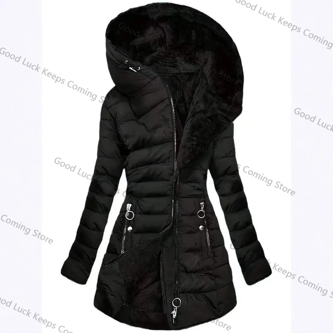 

2026 Warm Fleece Lined Hooded Women's Cotton Jacket Autumn Winter Style Casual Long Length Thickened Polyester Fabric Coat