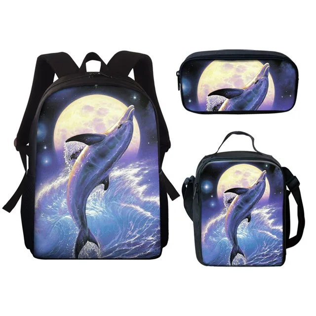 Trendy Popular Peculiar New Dolphin 3D Print 3pcs/Set Student School Bags Laptop Daypack Backpack Lunch bag Pencil Case