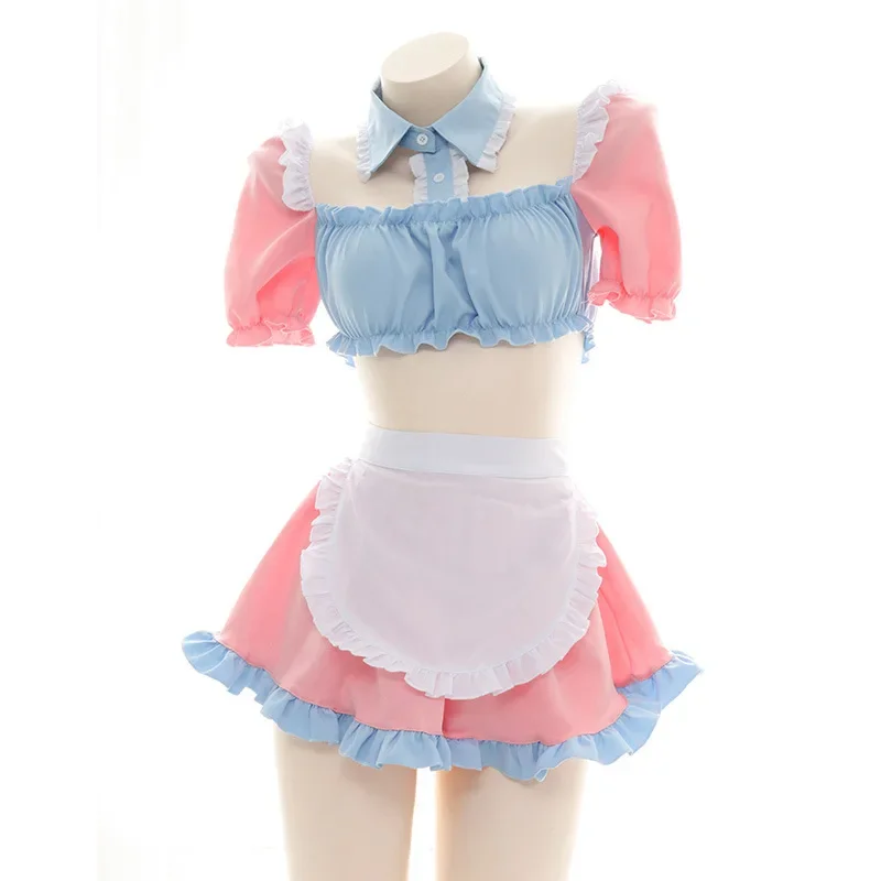 Sexy Lingerie Cosplay costumes Maid Outfit cute Home Cat Ear Pink Blue Top Short Skirt Server Uniform Women's Exatic Dress New