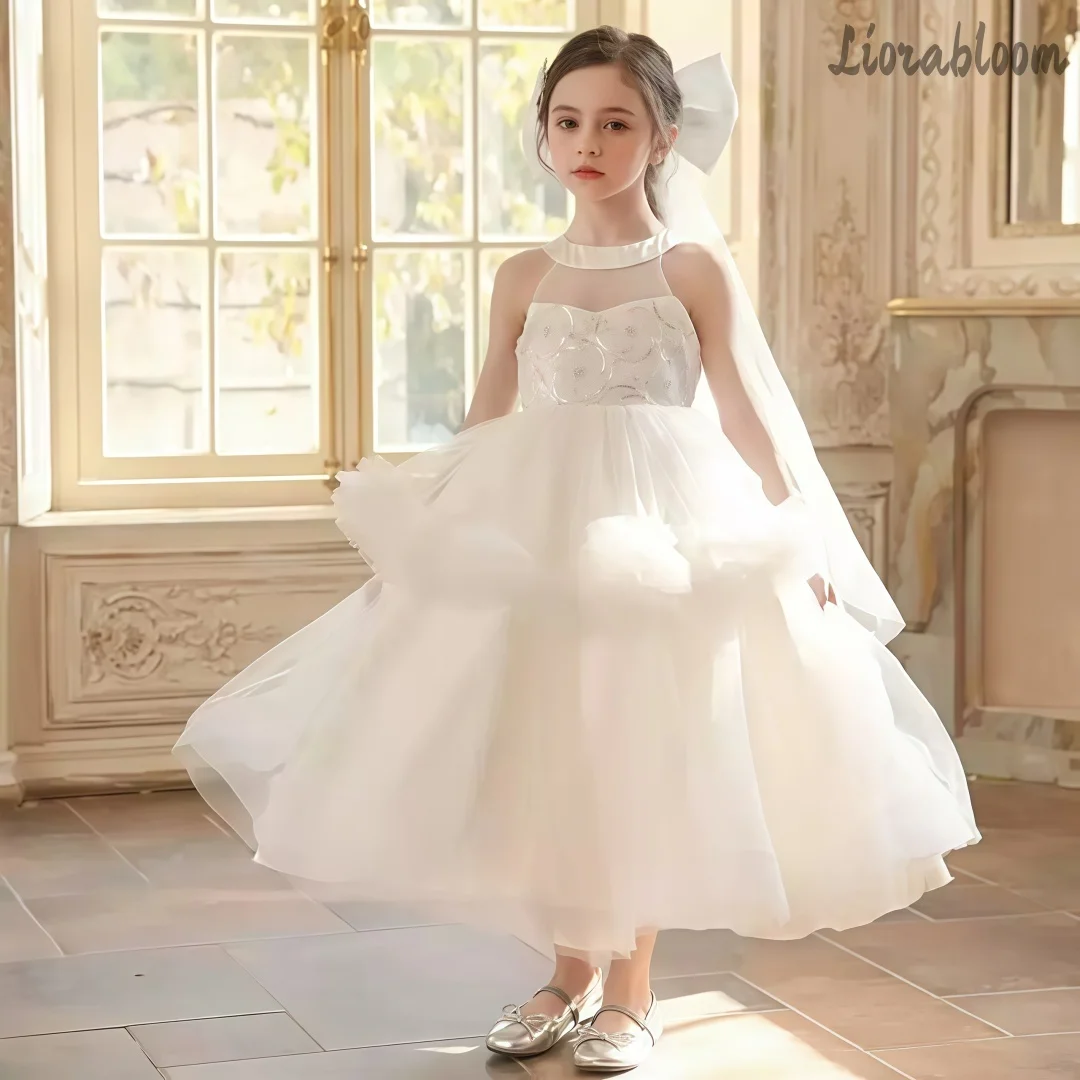 Abito da sposa bianco da bambina firmato, elegante e fresco, per damigella d'onore, a strati, per feste e serate