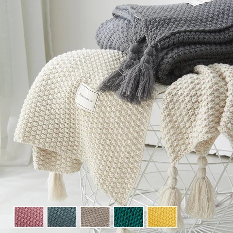 

Throw Blanket for Couch Chair Sofa Bed Chic Boho Style Travel Air Condition Nordic Knitted Solid Textured Office Nap Blanket