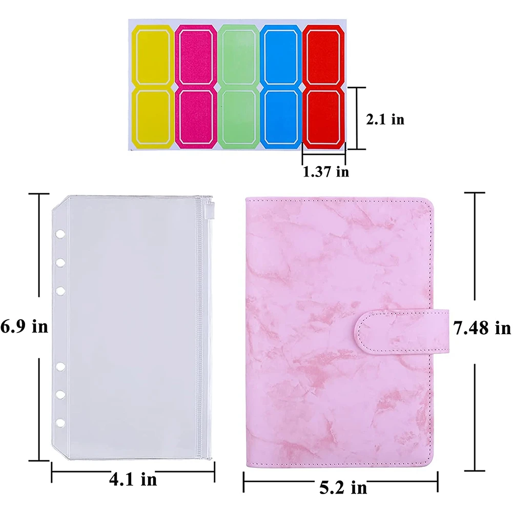 A6 PU Binder Cover with A6 Binder Pockets Loose Leaf Bags 6 Ring Budget Binder Cash Envelopes Money Saving System D