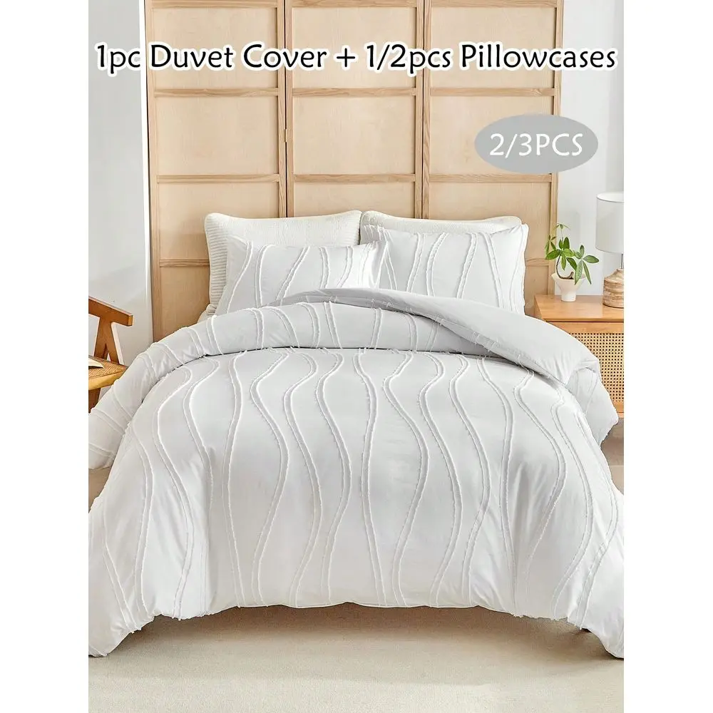 

3pcs White Striped Tufted Jacquard Polyester Duvet Cover Set, Bohemian Vintage Chic Bedding Set, Suitable For All Seasons, Quee