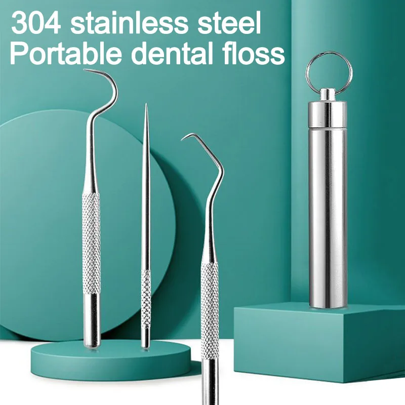 

New 3/7pcs Stainless Steel Floss Metal Floss Pick Teeth Thread Dental Care Cleaning Dental Floss Keychain YAX05