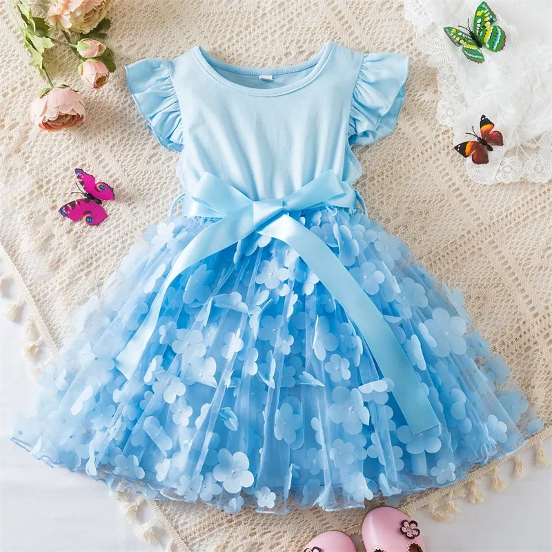 2024 New Summer Dress for Baby Girls 2-6 Years 3D Flower Fly Sleeves Kids Birthday Princess Dress Elegant Wedding Party Dress