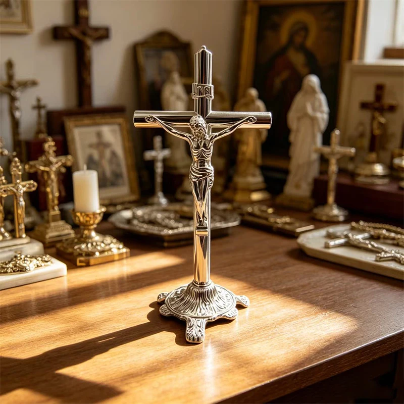 

New Metal Catholic Crucifix Standing Cross with INRI Jesus Christ Silver Rose Gold Altar Cross for Home Church Decoration Gift