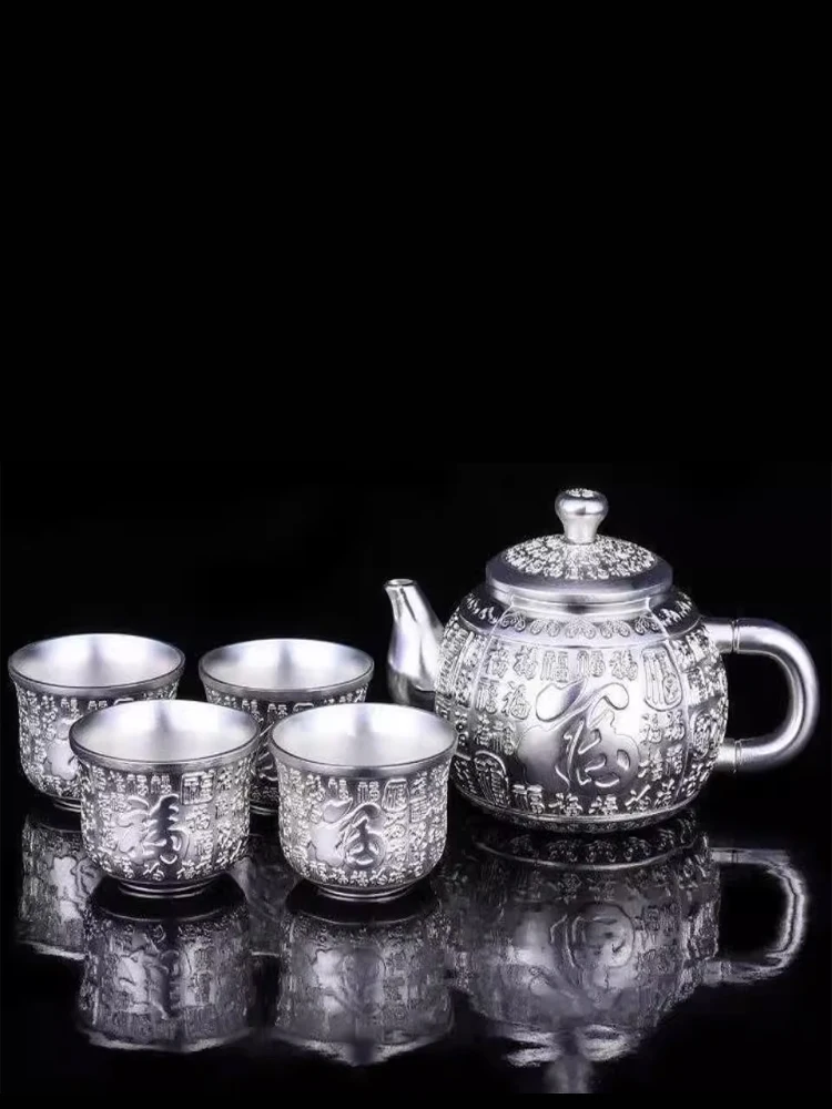 Sterling silver tea set new Baifu 999 sterling silver tea set foot silver wine set 1 plate 1 Pot 4 cups kung fu tea set Chinese