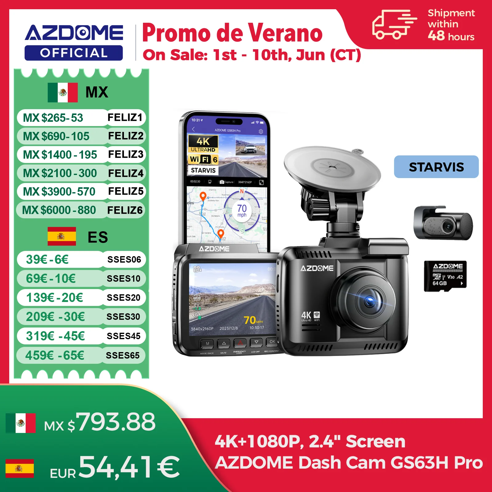 AZDOME Dash Cam GS63H Pro 4K+1080P Pantalla IPS de 2,4" 150 ° FOV incorporado ADAS WiFi 6 GPS coche DVR G-Sensor 24H Monitor de estacionamiento Camare
