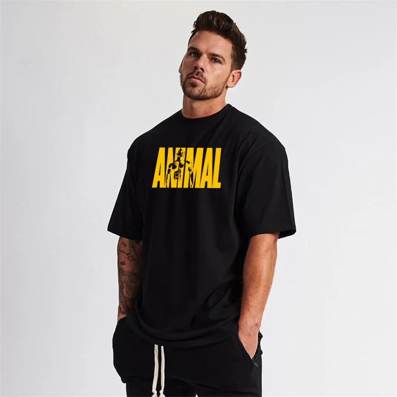 ANIMAL Letter Printed Summer Mens Oversized Half Sleeve T Shirt Cotton O Neck Casual Gym Clothing Fitness Loose Sports T-shirt