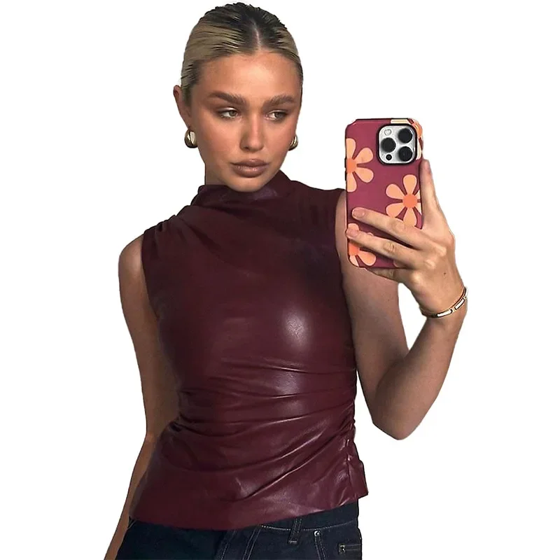 PU Leather Tank Top High Fashion Asymmetrical Ruched Sleeveless Blouse Winter Sexy T Shirt For Women Y2K Clothes Streetwear 2024