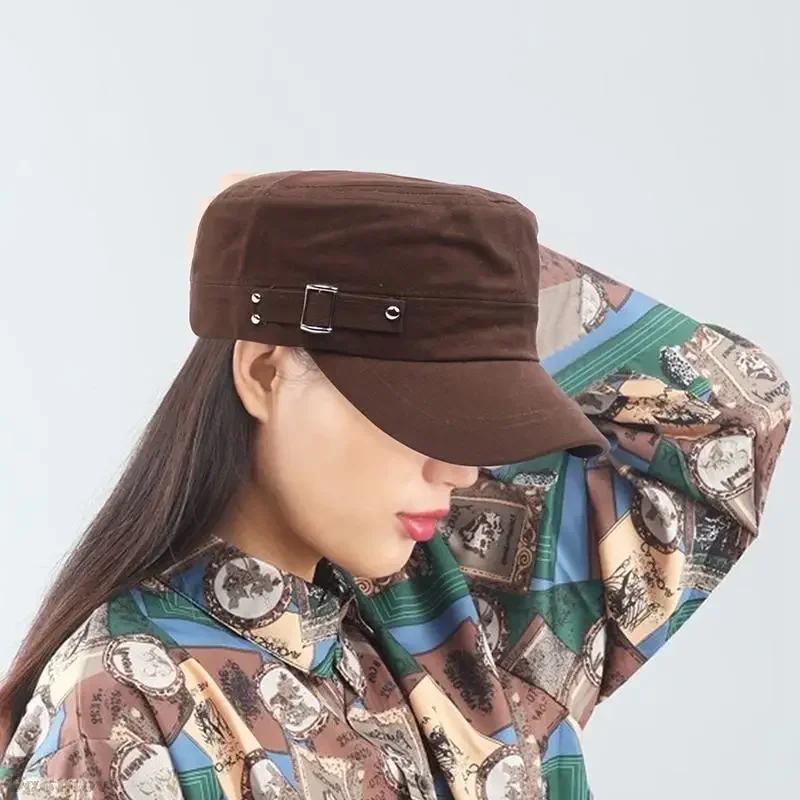 Army Cap Men Women Pure Color Washed Cotton Flat Top Cap Summer Autumn Adjustable Chapeau Visor Hat