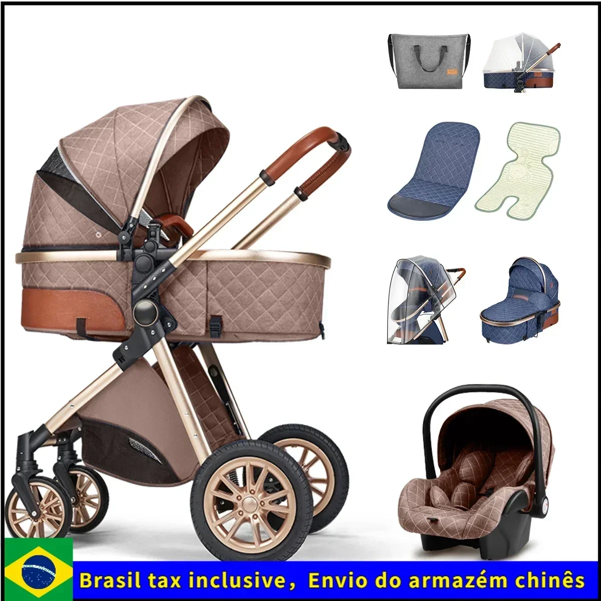 Poussette bébé de luxe 3en 1 avec siège auto, portable, réversible, paysage élevé, voyage