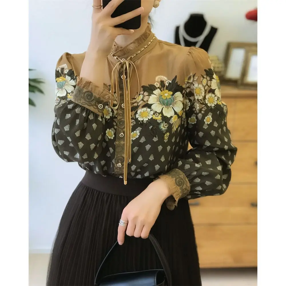 Elegant Stand Collar Shirt Spring Autumn Vintage Floral Printed Lace Female Clothing Single-breasted Fashion Drawstring Blouse