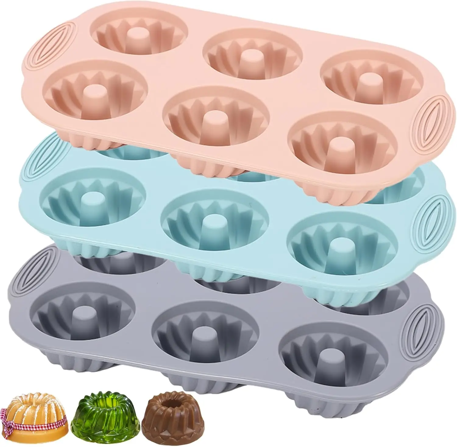 

3-Pack Silicone Fluted Tube Cake Pans, 6-Cavity Non-Stick Jello Molds, BPA-Free Baking Molds (Pink+Blue+Gray)
