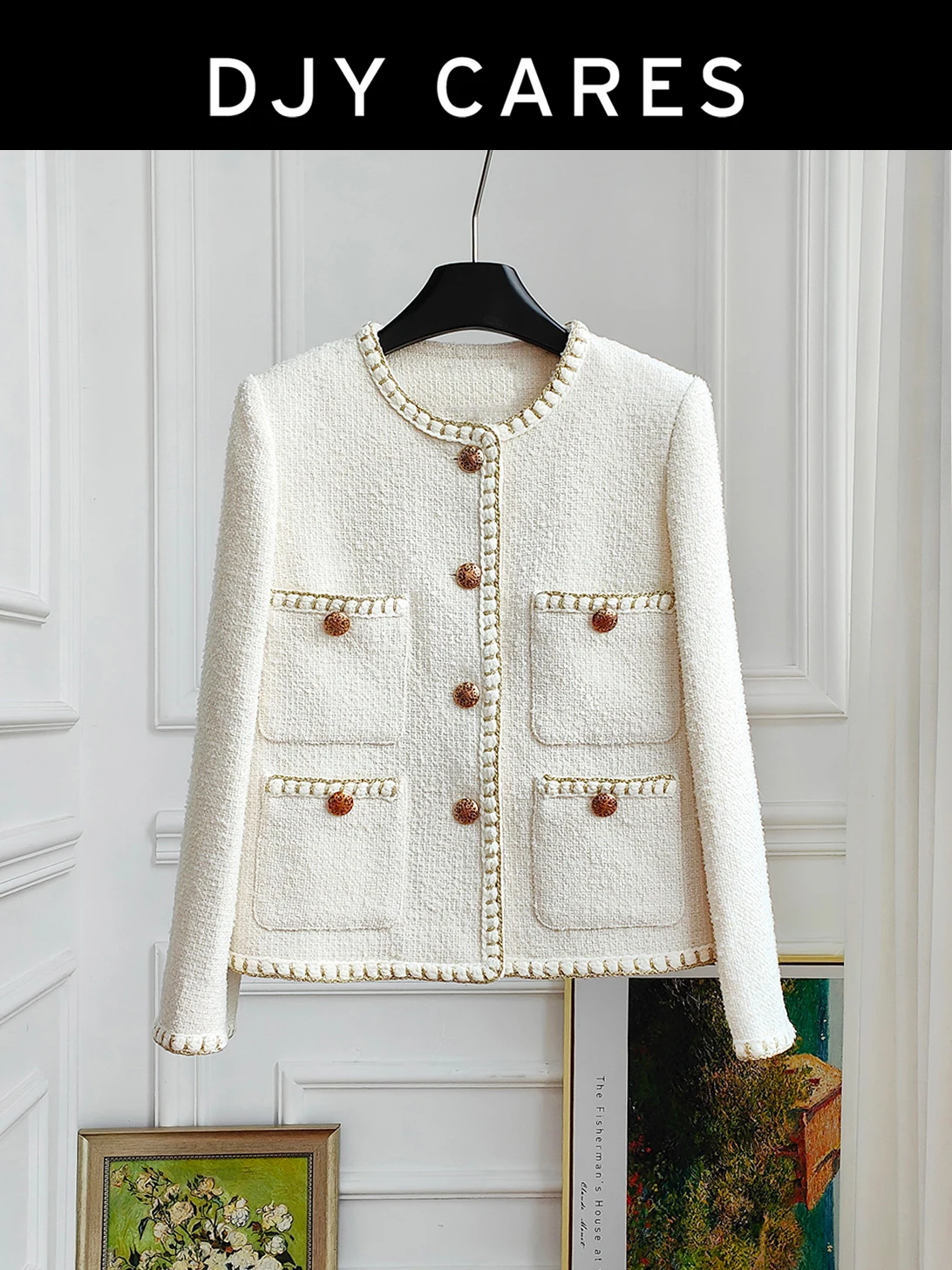 

New Coarse tweed gold wire edging decorative coat versatile style