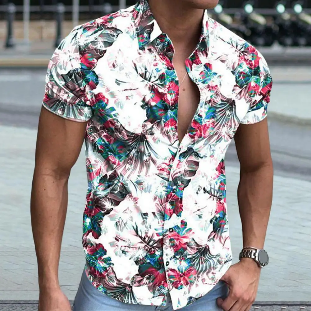 Eye-catching Summer Shirt Buttons Men Shirt Short Sleeve Floral Pattern Men Shirt  Daily Wear