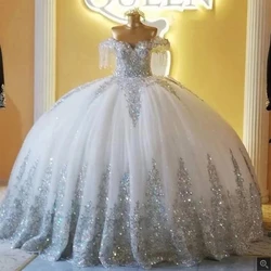 Luxus Off Schulter Ballkleid Hochzeit Kleider Glitzernde Sliverr Appliques Weiß Tüll Vestidos De Novia Korsett Bodenlangen