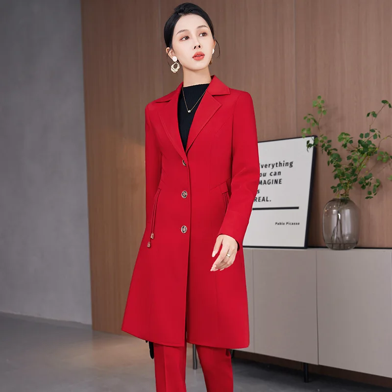 Formal Business Suits Female Pantsuits Middle Long Windbreaker and Pants Professional Jackets Coat Tops Outwear Ladies Blazers